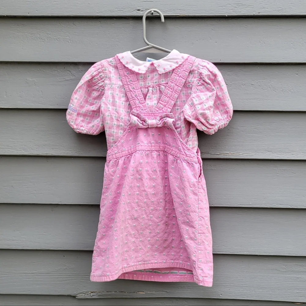 Vintage 90s Osh Kosh B'Gosh White Pink Cotton Check Floral Overalls Shirt Set 4T
